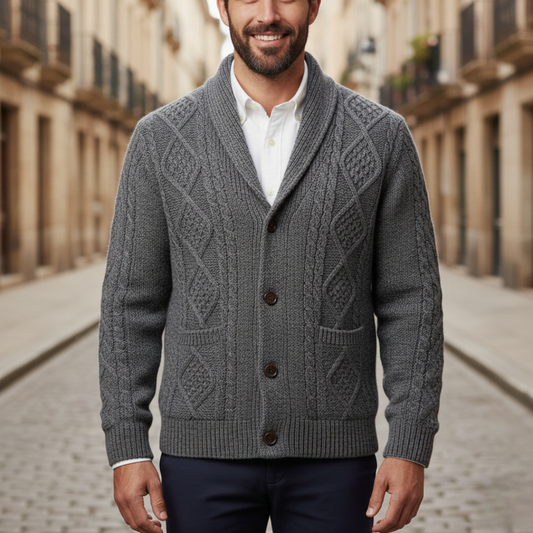Men's cable-knit shawl-collar cardigan with buttons and pockets