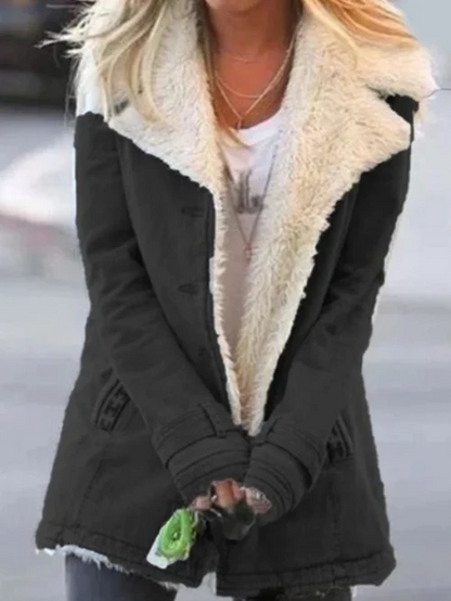 Women's hip-length coat with long sleeves, button front and shearling-style collar