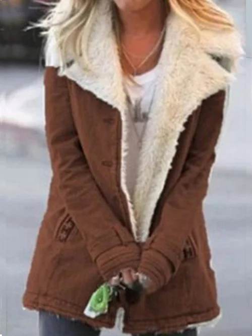 Women's hip-length coat with long sleeves, button front and shearling-style collar