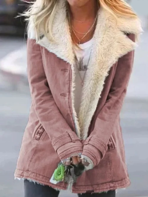Women's hip-length coat with long sleeves, button front and shearling-style collar