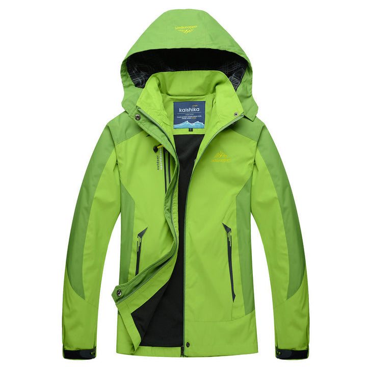 Women's hooded outdoor jacket with contrast panels and zipped pockets
