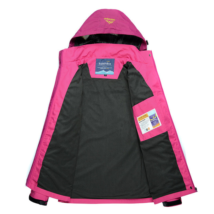 Women's hooded outdoor jacket with contrast panels and zipped pockets
