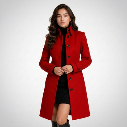 Women's long button-front coat with raised collar and tailored fit