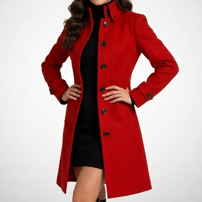 Women's long button-front coat with raised collar and tailored fit