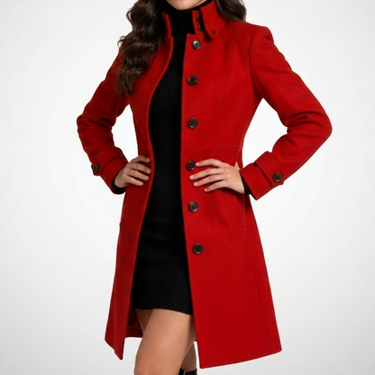 Women's long button-front coat with raised collar and tailored fit