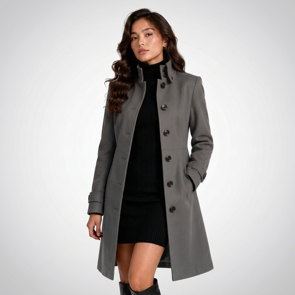 Women's long button-front coat with raised collar and tailored fit
