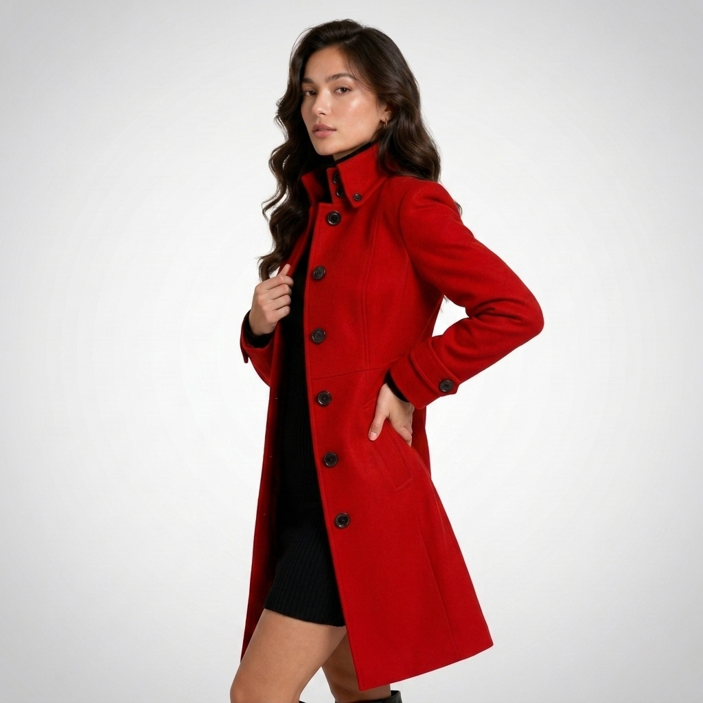 Women's long button-front coat with raised collar and tailored fit