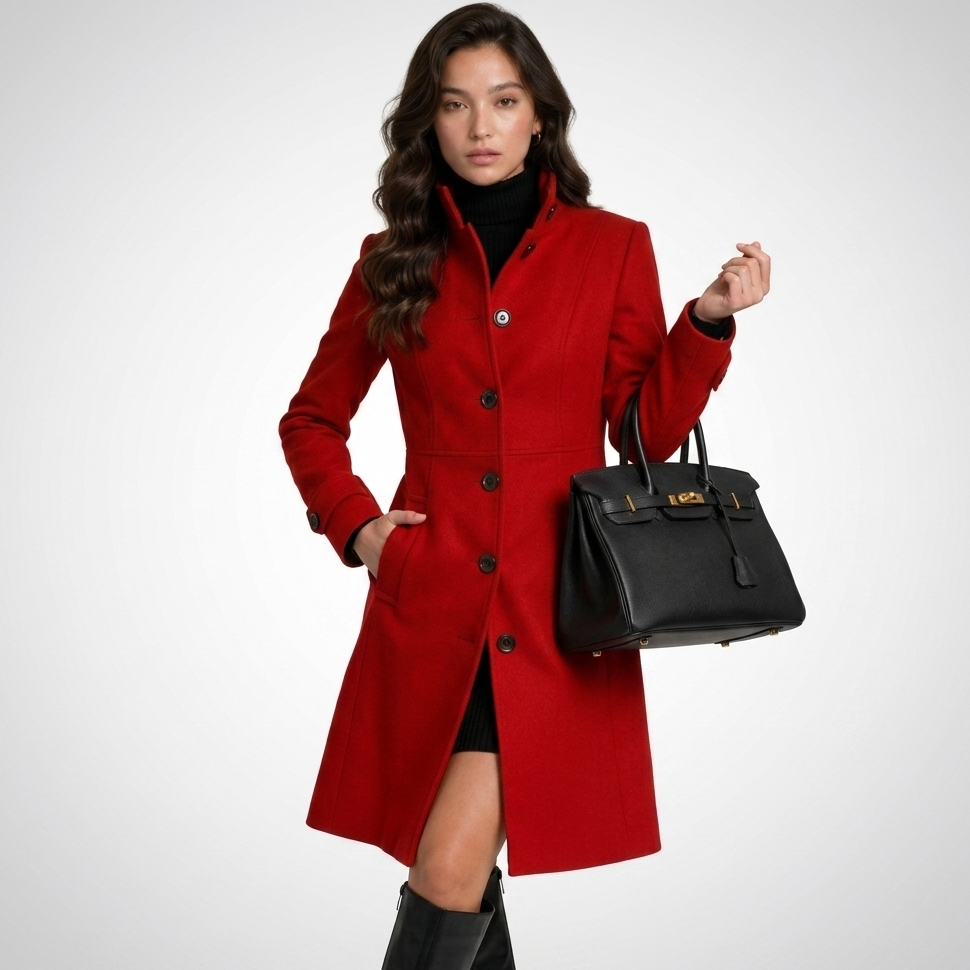 Women's long button-front coat with raised collar and tailored fit