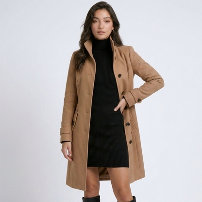 Women's long button-front coat with raised collar and tailored fit