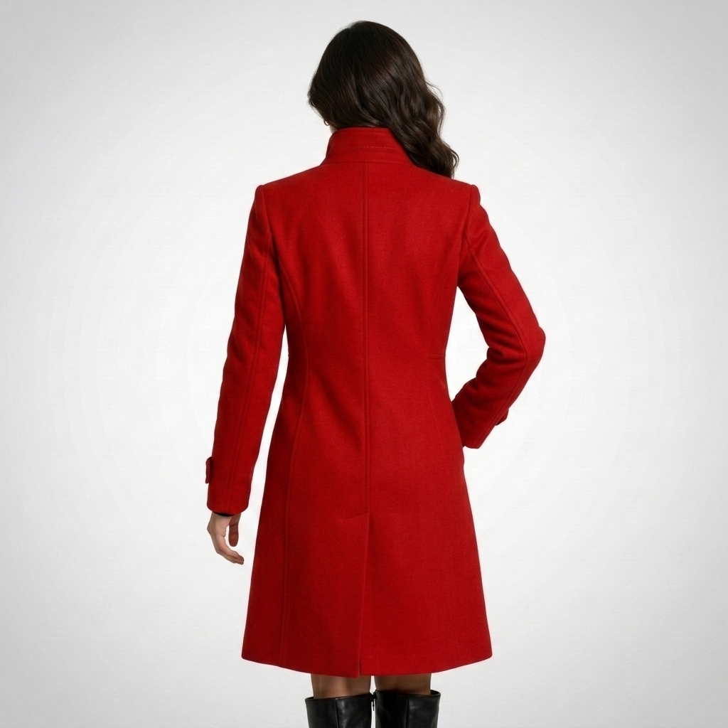 Women's long button-front coat with raised collar and tailored fit