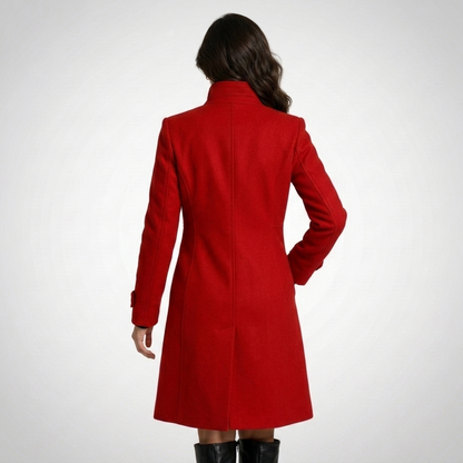 Women's long button-front coat with raised collar and tailored fit