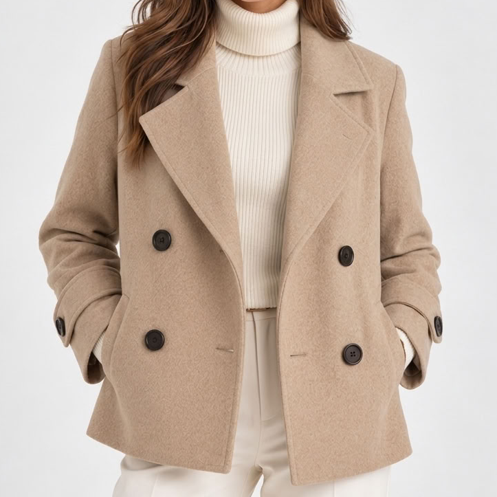 Women's short double-breasted coat with notched lapels and buttoned cuffs