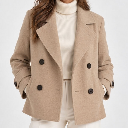 Women's short double-breasted coat with notched lapels and buttoned cuffs
