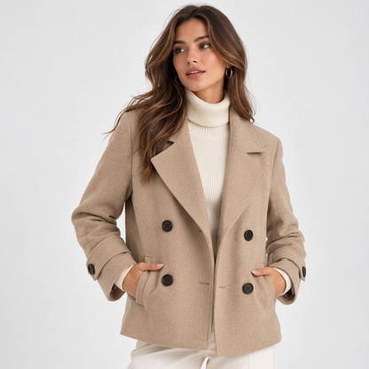 Women's short double-breasted coat with notched lapels and buttoned cuffs