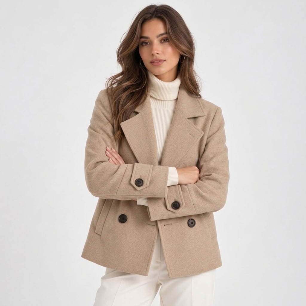 Women's short double-breasted coat with notched lapels and buttoned cuffs