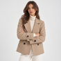 Women's short double-breasted coat with notched lapels and buttoned cuffs