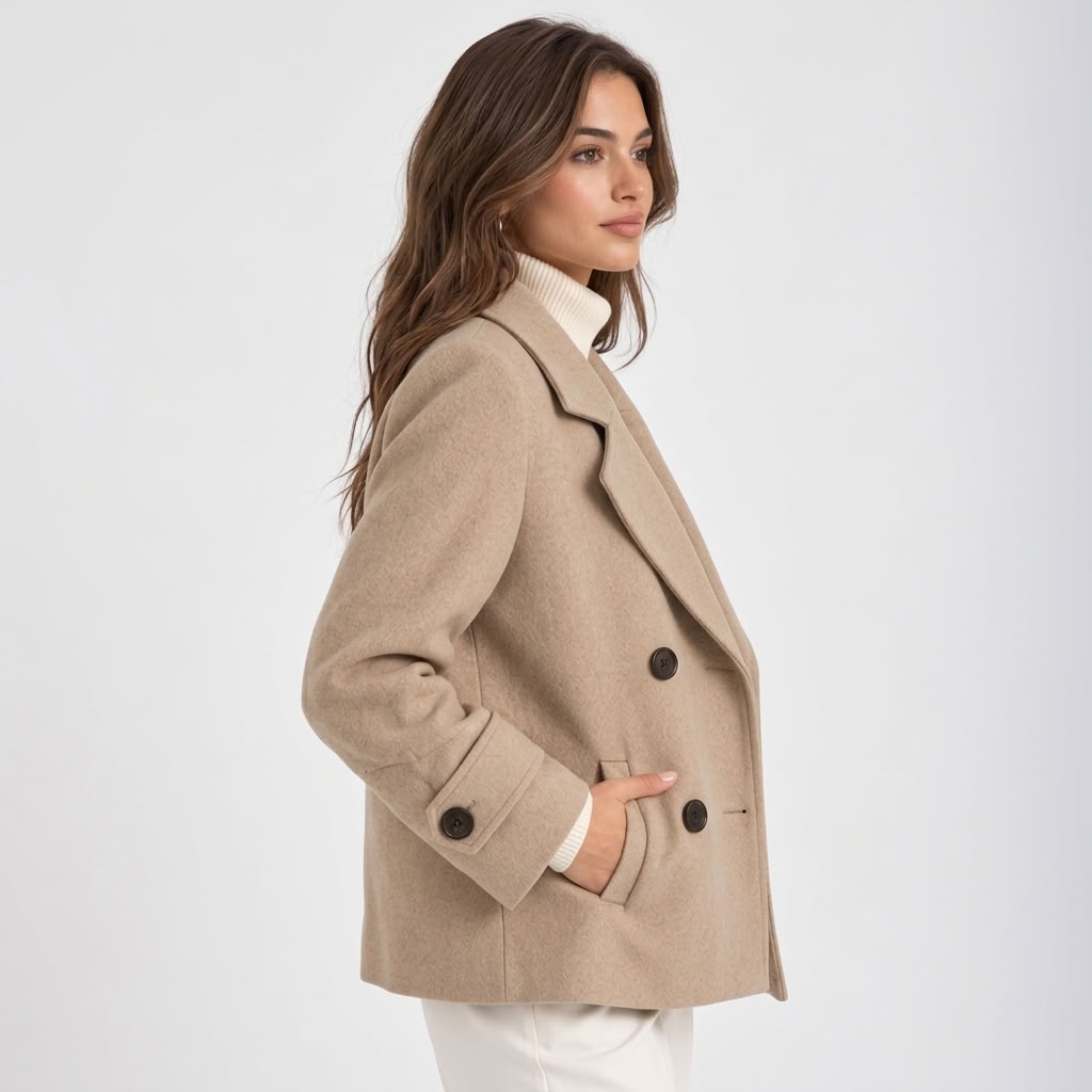 Women's short double-breasted coat with notched lapels and buttoned cuffs
