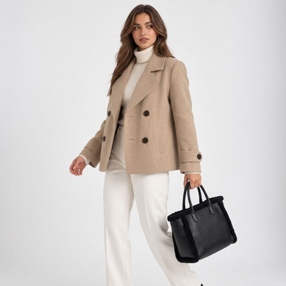 Women's short double-breasted coat with notched lapels and buttoned cuffs