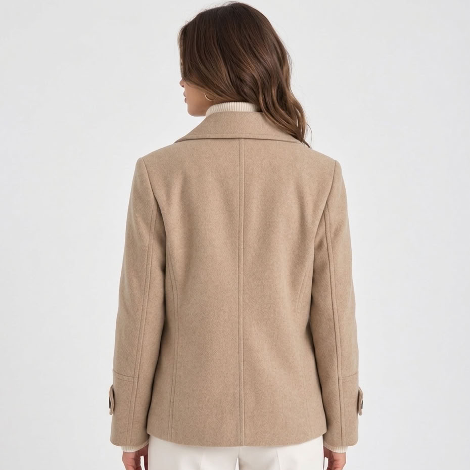 Women's short double-breasted coat with notched lapels and buttoned cuffs