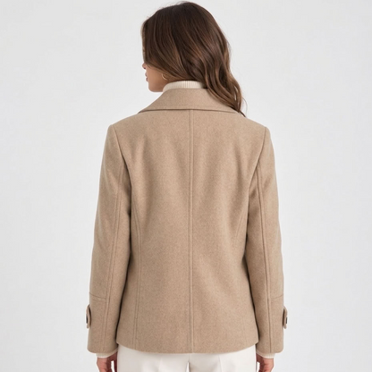 Women's short double-breasted coat with notched lapels and buttoned cuffs
