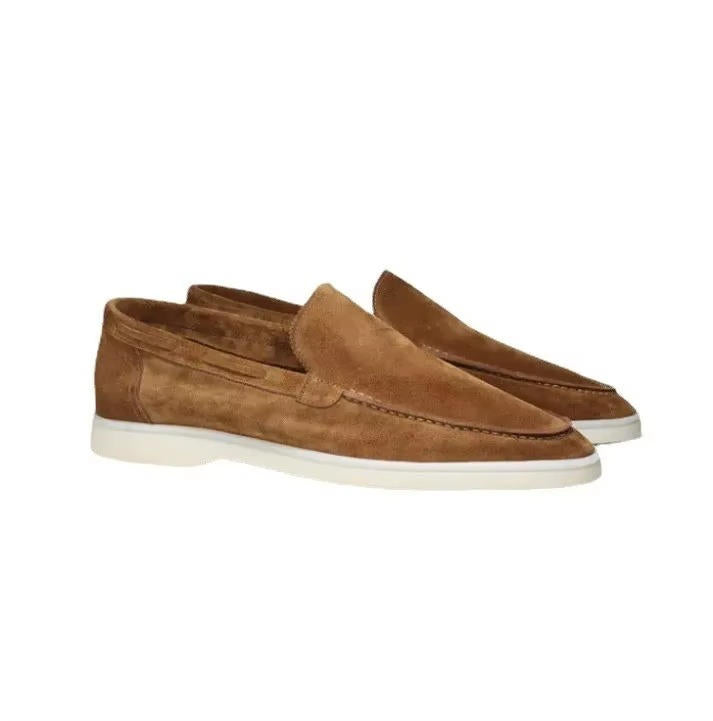 Men's plain slip-on loafers with rounded moc toes and contrast soles