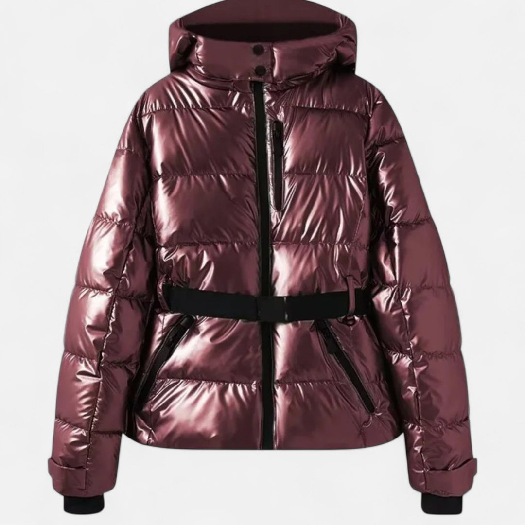 Women's cropped quilted hooded ski jacket with belt and zipper
