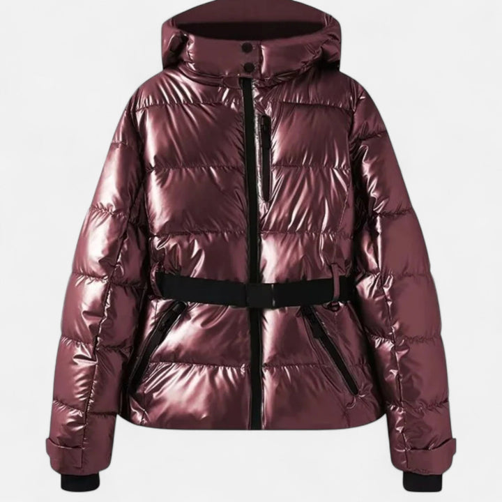 Women's cropped quilted hooded ski jacket with belt and zipper