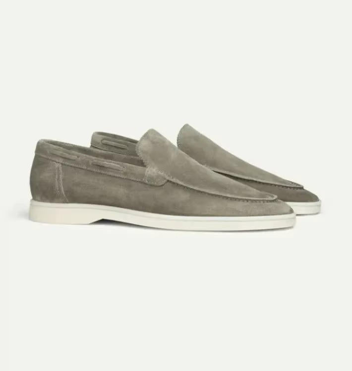 Men's plain slip-on loafers with rounded moc toes and contrast soles
