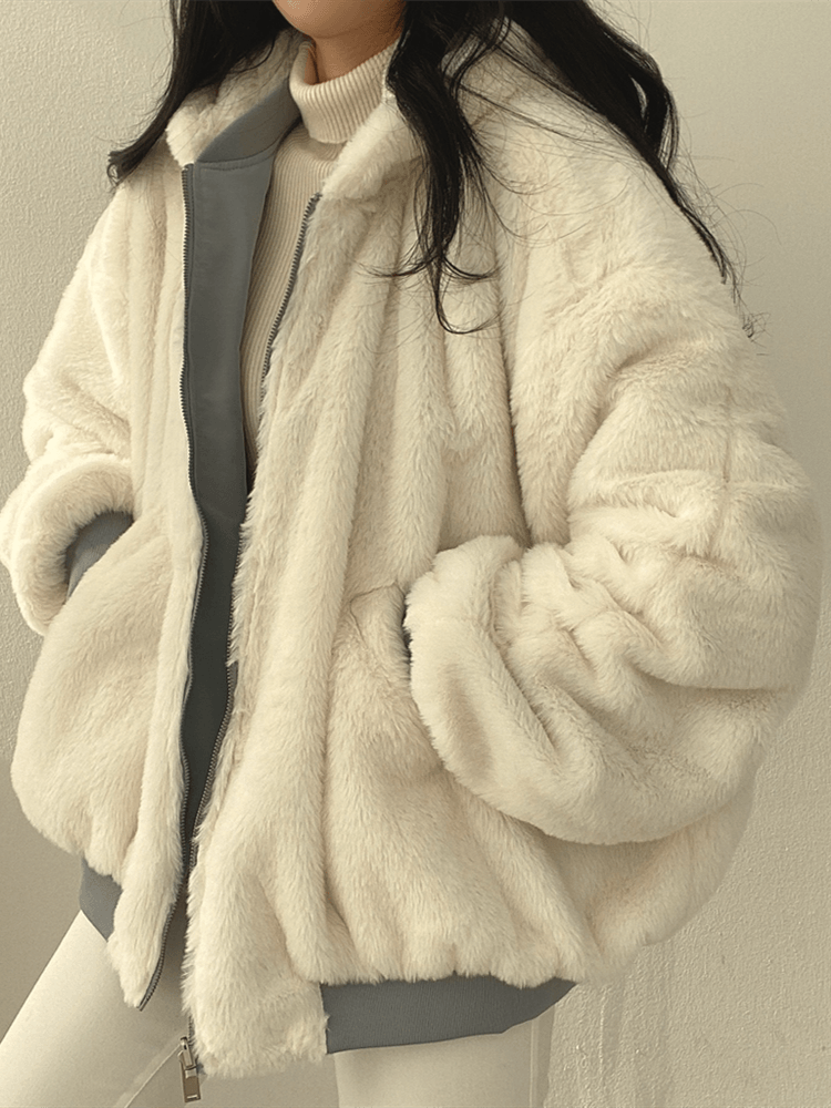 Women's reversible hooded bomber jacket with zip front and ribbed trims