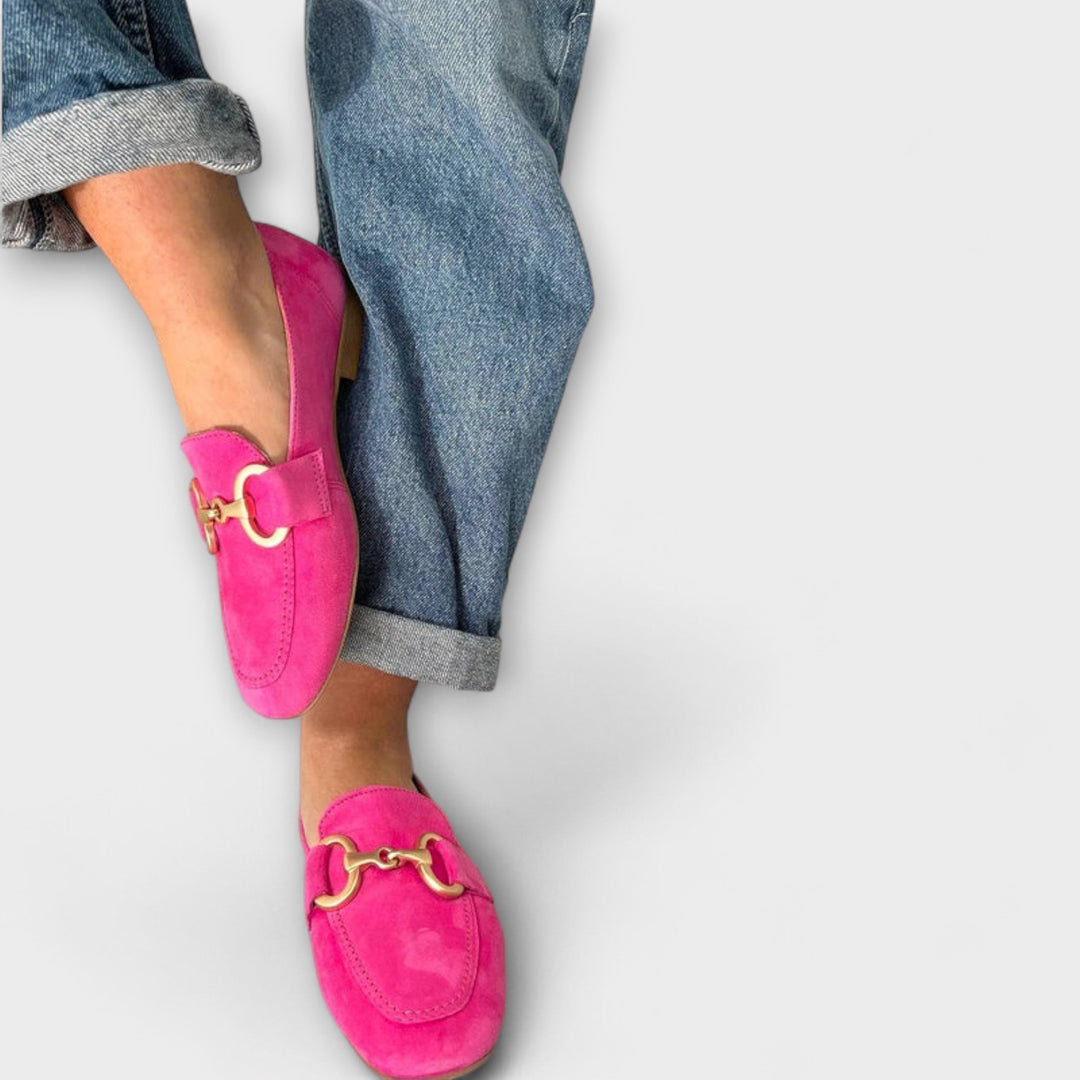 Women's pink loafers with gold-tone buckle and low block heel