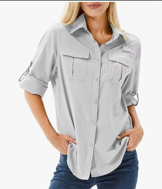 Women's long sleeve utility shirt with button front, roll-tab cuffs and multiple chest pockets