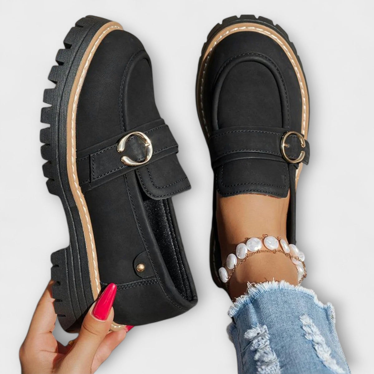 Women's round-toe loafers with metal ring trim and chunky lug soles