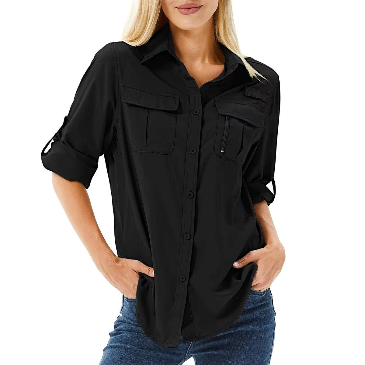 Women's long sleeve utility shirt with button front, roll-tab cuffs and multiple chest pockets