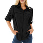 Women's long sleeve utility shirt with button front, roll-tab cuffs and multiple chest pockets