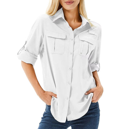 Women's long sleeve utility shirt with button front, roll-tab cuffs and multiple chest pockets