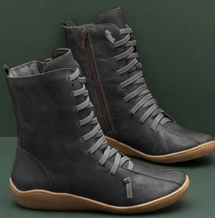 Unisex lace-up ankle boots with side zipper and round toes