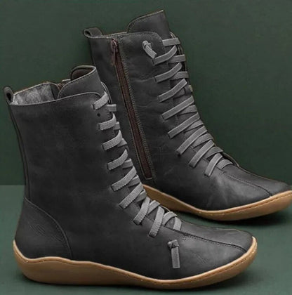 Unisex lace-up ankle boots with side zipper and round toes