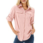 Women's long sleeve utility shirt with button front, roll-tab cuffs and multiple chest pockets
