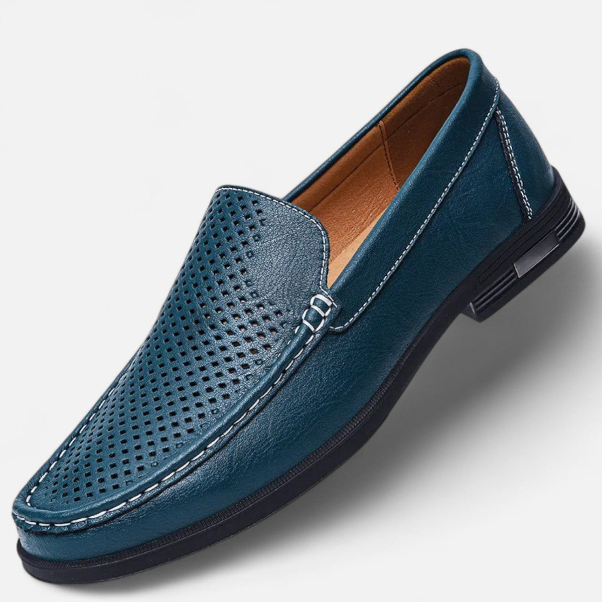 Men's perforated slip-on loafer with stitched trim and flat sole