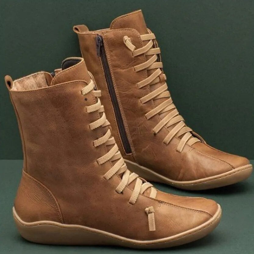 Unisex lace-up ankle boots with side zipper and round toes