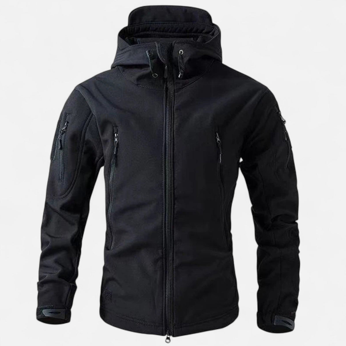 Men's hooded softshell jacket with full zip and multiple zipped pockets