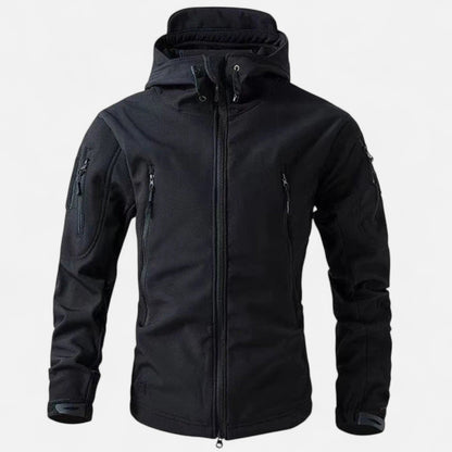 Men's hooded softshell jacket with full zip and multiple zipped pockets