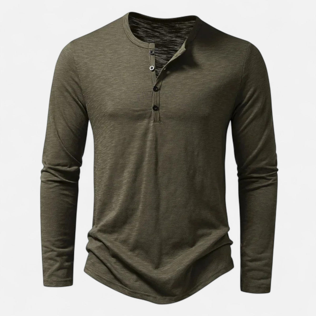 Men's long-sleeve henley shirt with mandarin neckline and button placket