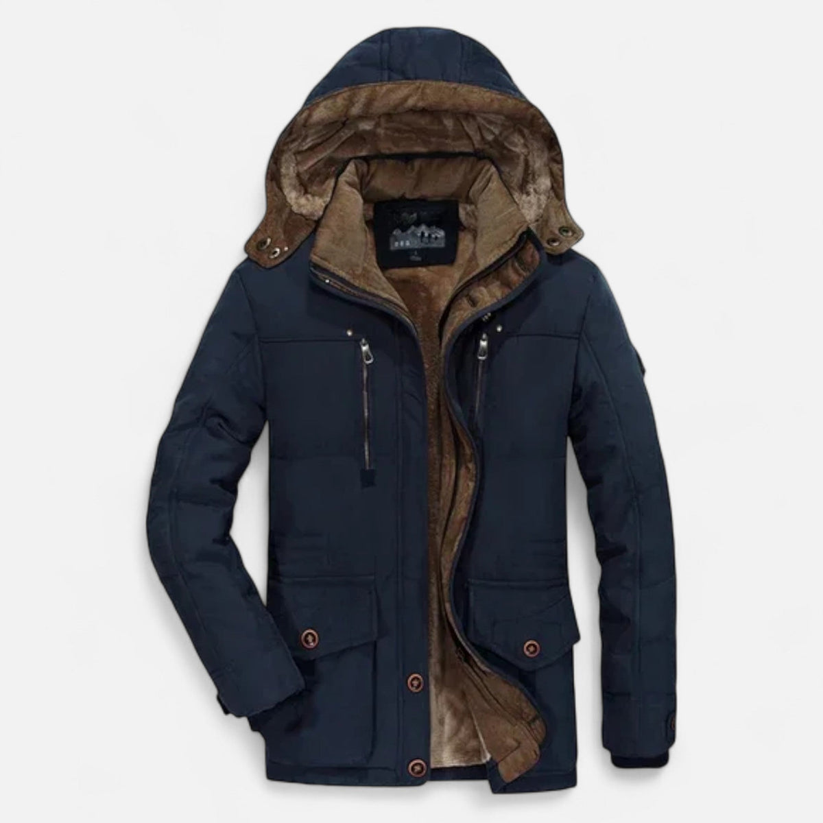 Men's hooded quilted parka jacket with multiple pockets and zip front