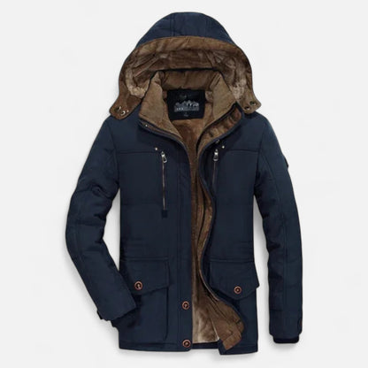Men's hooded quilted parka jacket with multiple pockets and zip front
