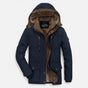 Men's hooded quilted parka jacket with multiple pockets and zip front