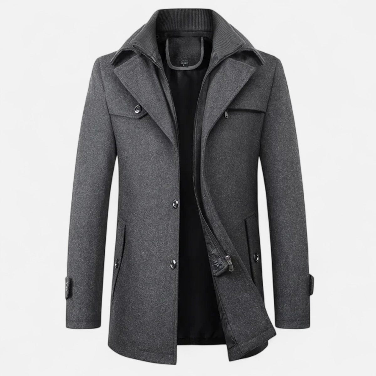 Men's long coat with stand collar, zip and button front