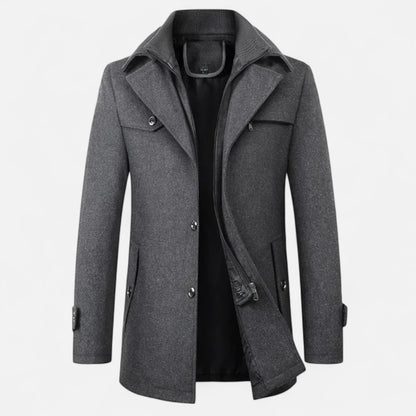 Men's long coat with stand collar, zip and button front