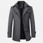 Men's long coat with stand collar, zip and button front