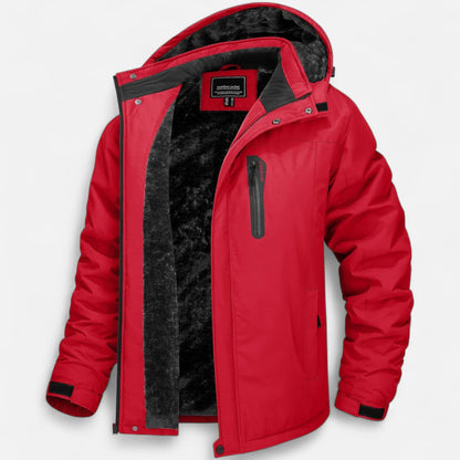 Men's hooded winter parka with fleece-looking lining and camouflage pattern